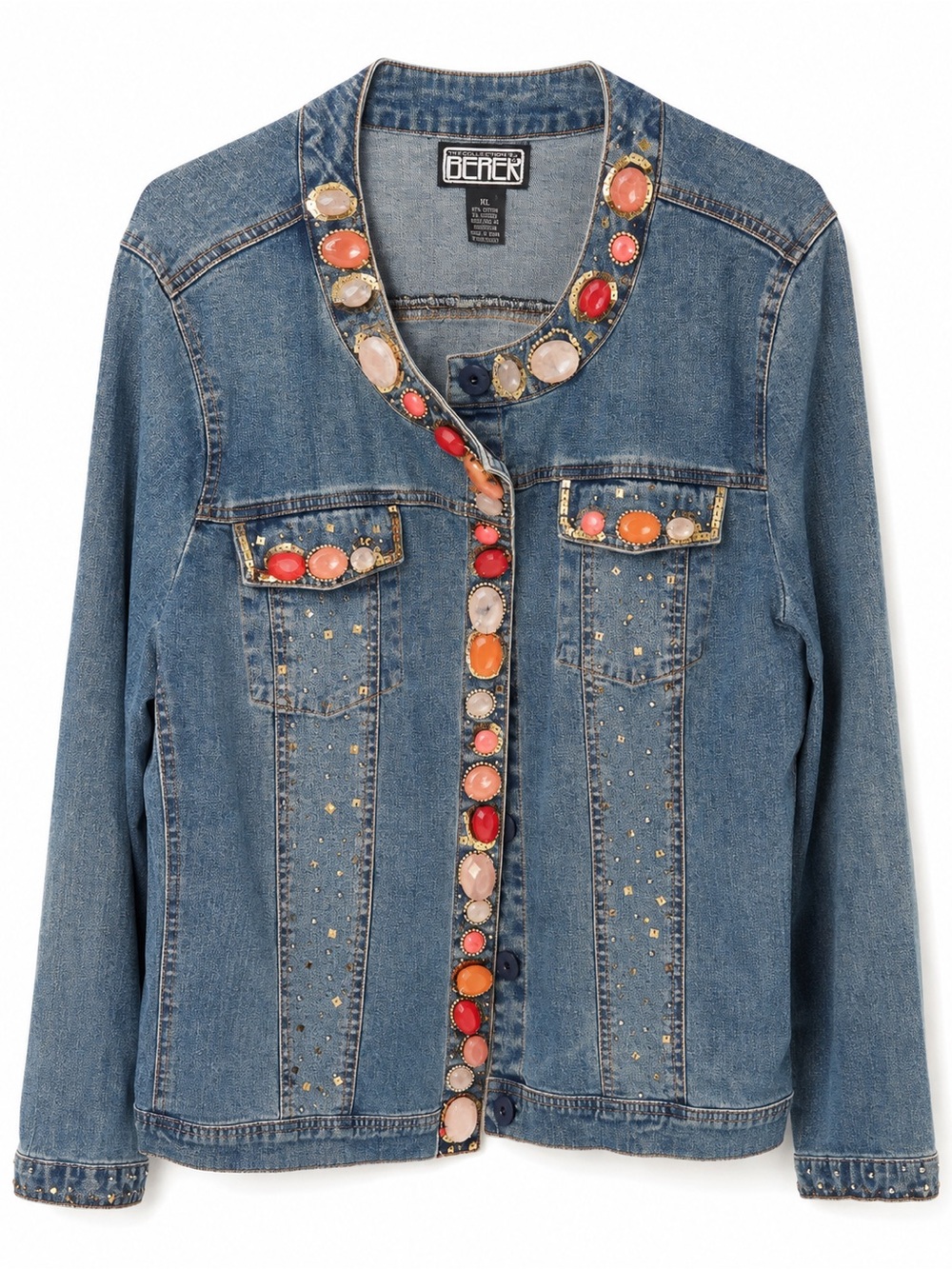 Berek Blue Denim Jacket with Coral, Red and Cream Gem Trim Layered Fall Winter